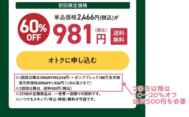 ゼンブブレッド「定期オトク便」：2回目以降の注文は10〜20%オフ＋送料がかかる